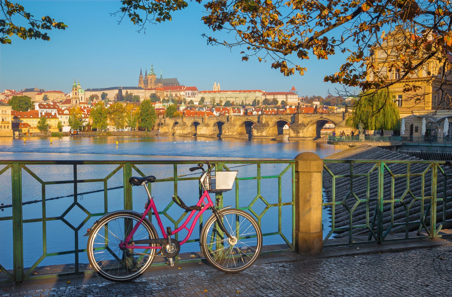 Prague - The rental bike on the waterfront,Charles Bridge, Castle and Cathedral in the background.