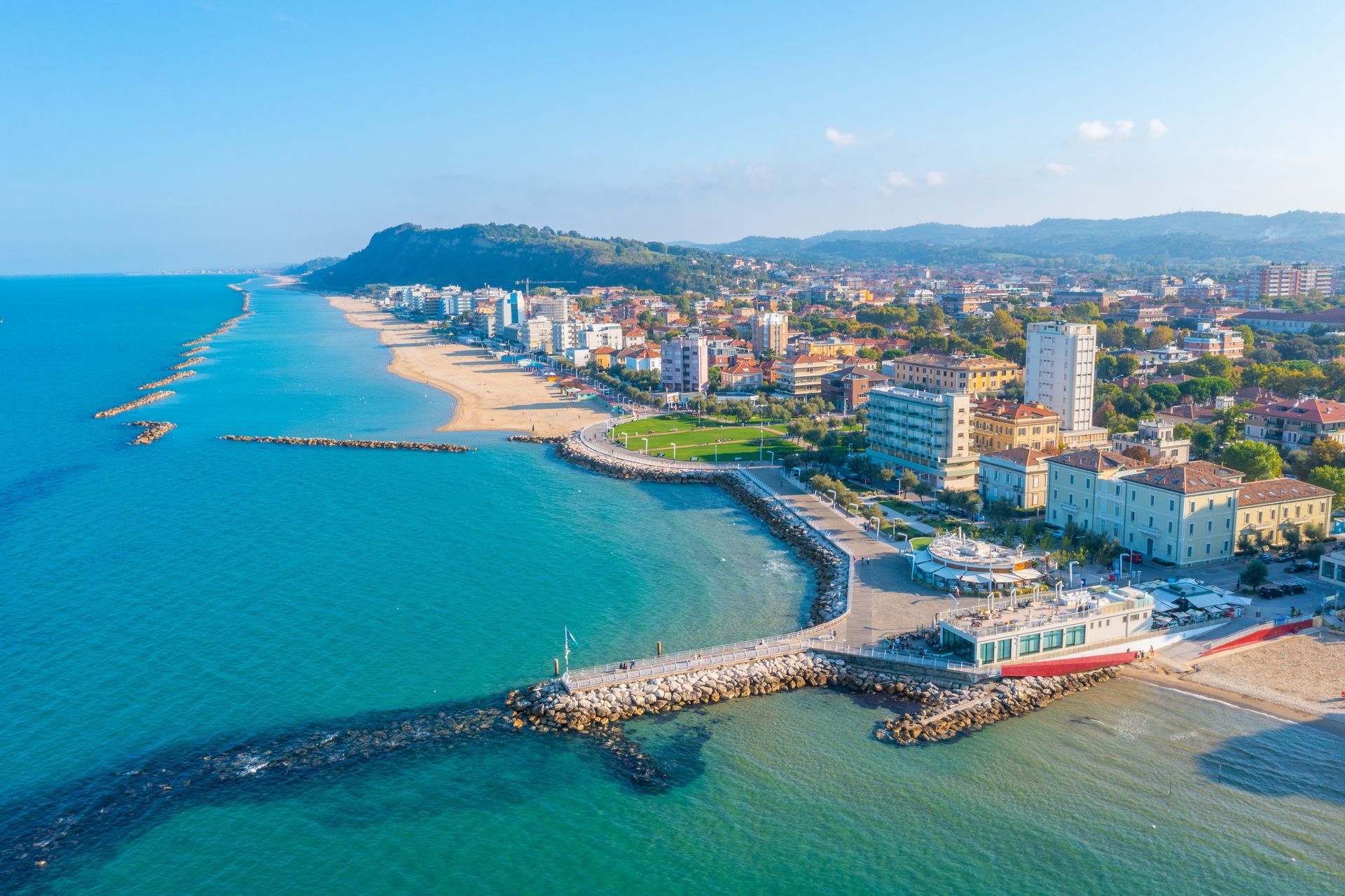 Aerial view of the beach in Italian town Pesaro