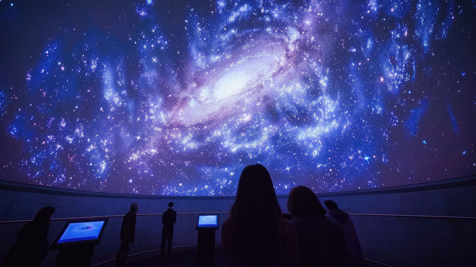 A planetarium dome illuminated with a projection of distant galaxies.