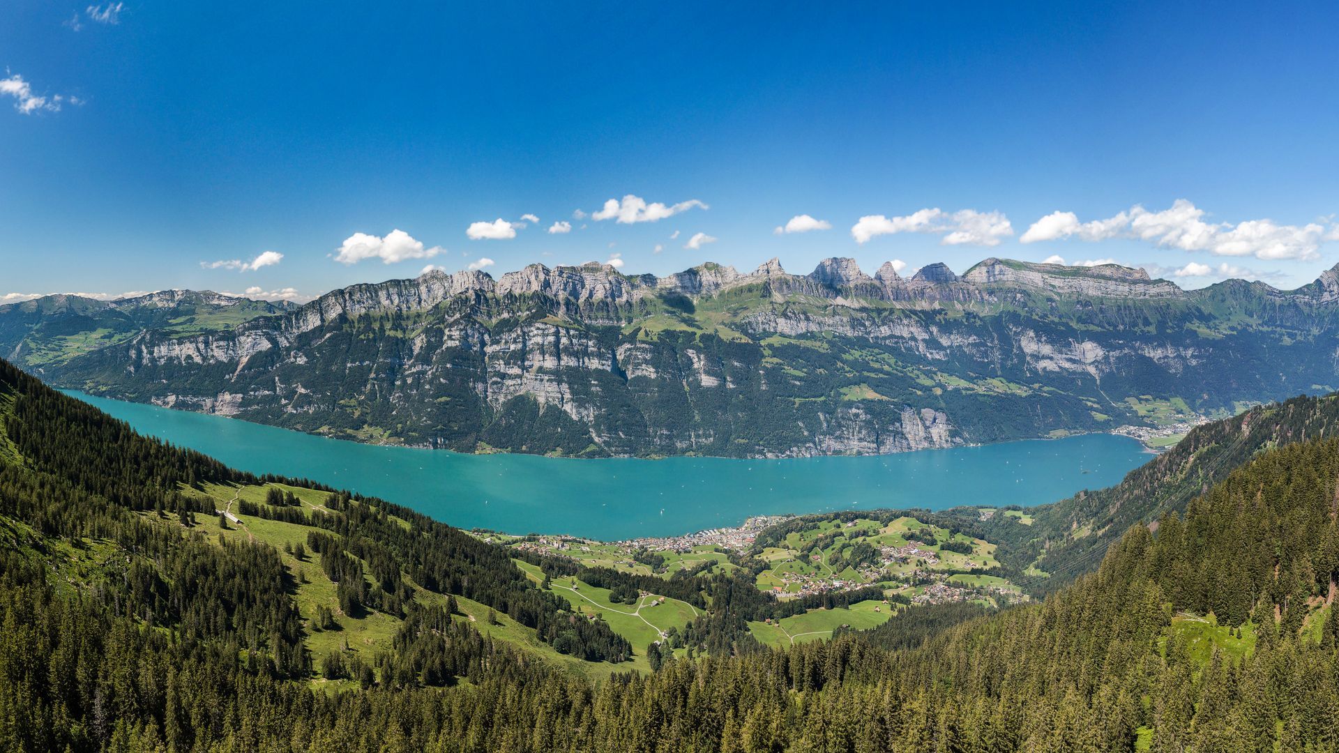 Aerial panarma view of Walensee from Flumserberg, Switzerland by drone photography (large stitched file)