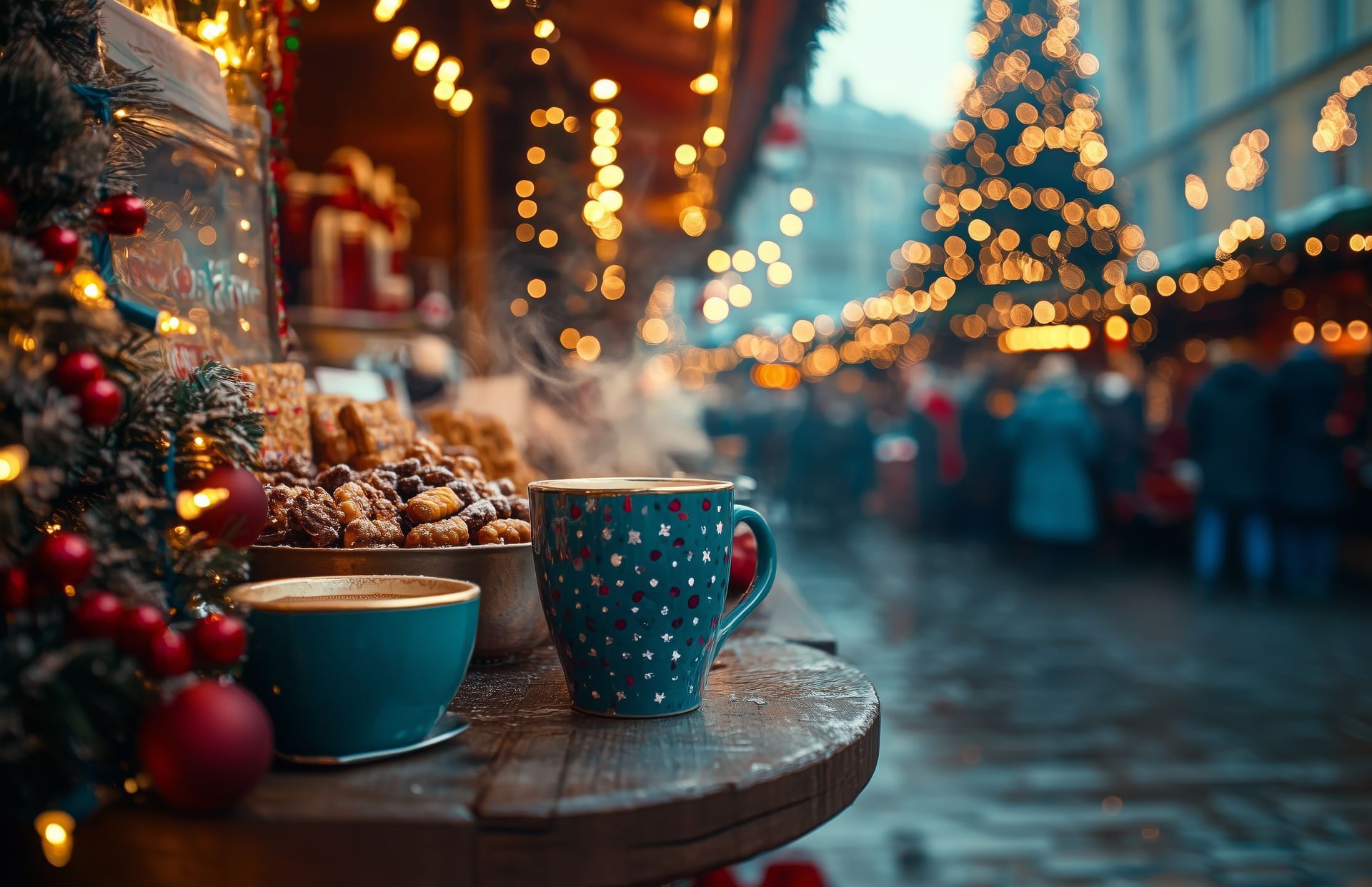 A cozy Christmas market stall offering steaming hot coffee, festive sweets, and holiday decorations