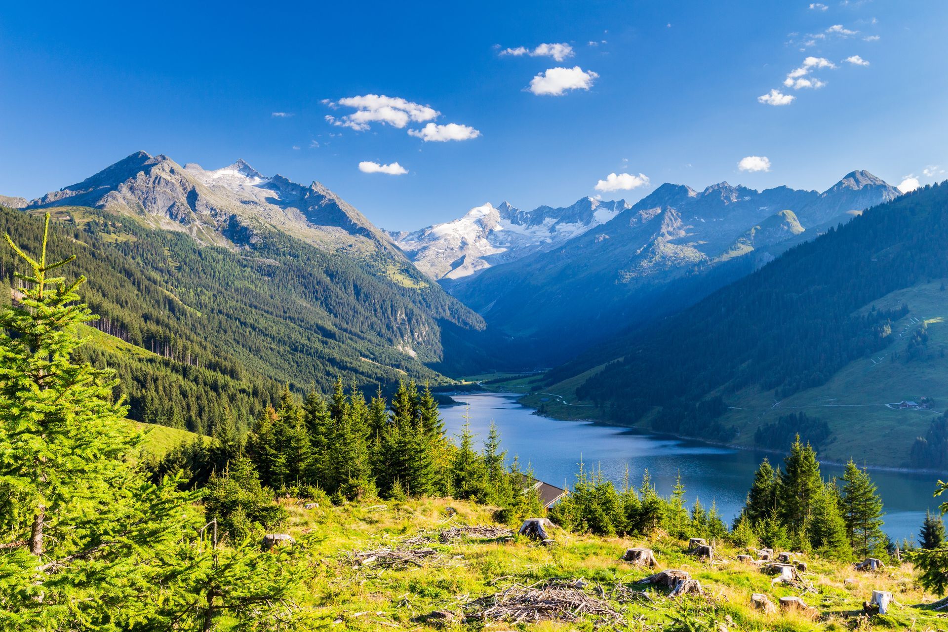 Summer sunny scene in the valley of Speicher Durlassboden lake in the Austrian Alps. View from Gerlos pass, Austria, Europe.