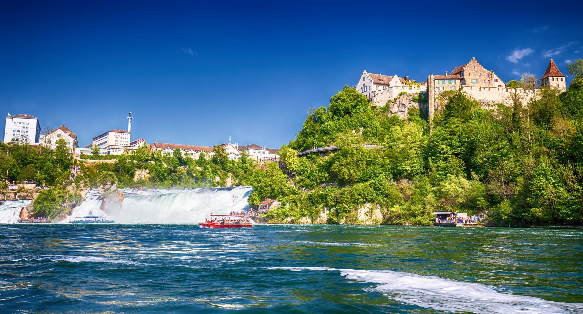 Schaffhausen – View to Rhine falls (Rheinfalls), the largest plain waterfall in Europe