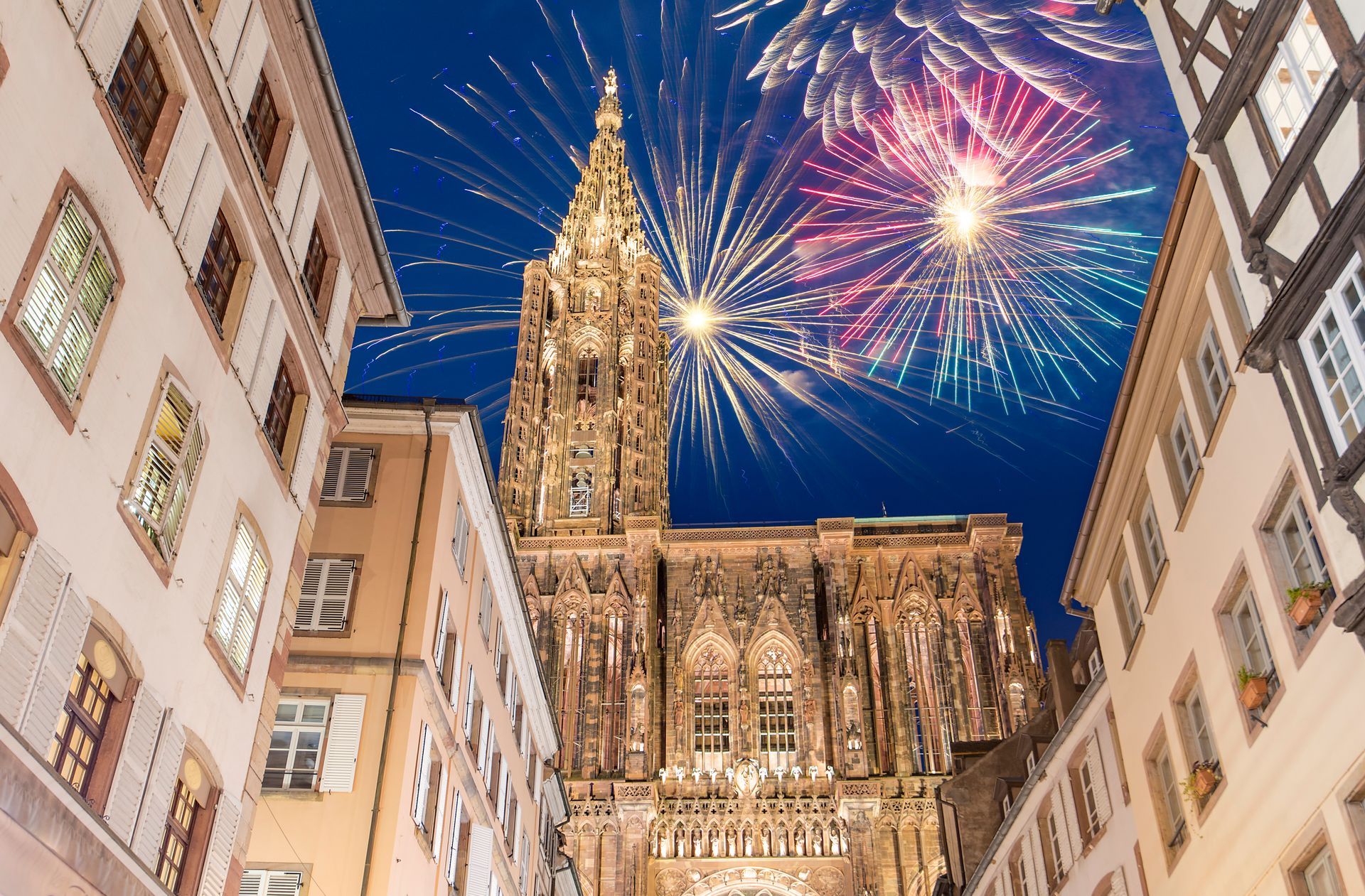 Amazing Firework above Notre dame de Strasbourg, Christmas Time in France