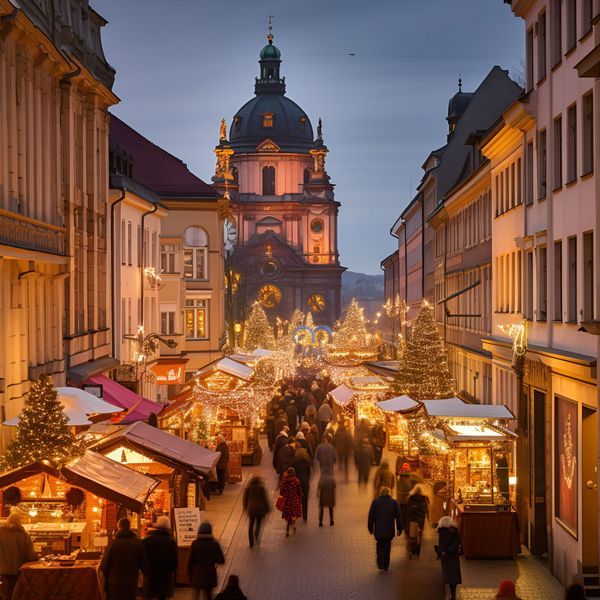 Dusk View of Christmas Market, Maria Chapel, and Falkenhaus in Oberer Markt, Wurzburg, Bavaria, Germany, Generative AI
