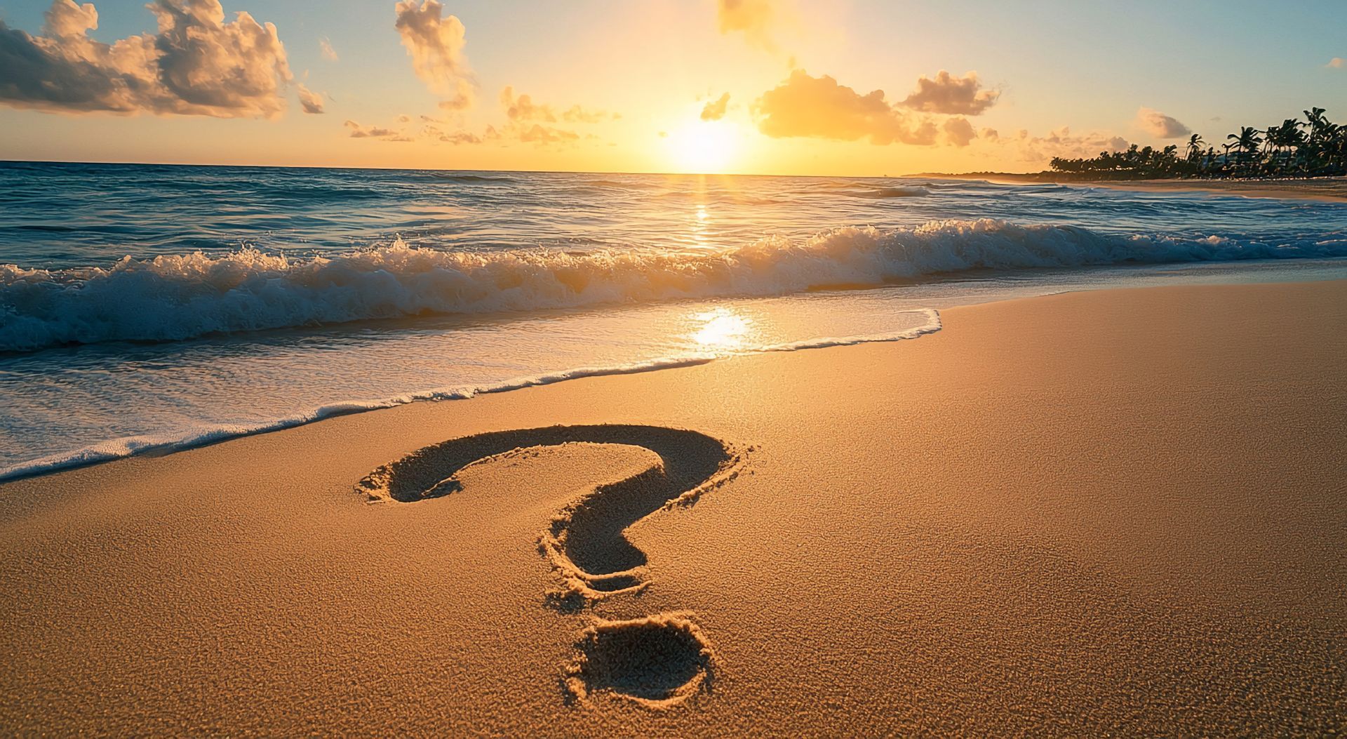 Beautiful sunset at the beach with a question mark drawn in the sand