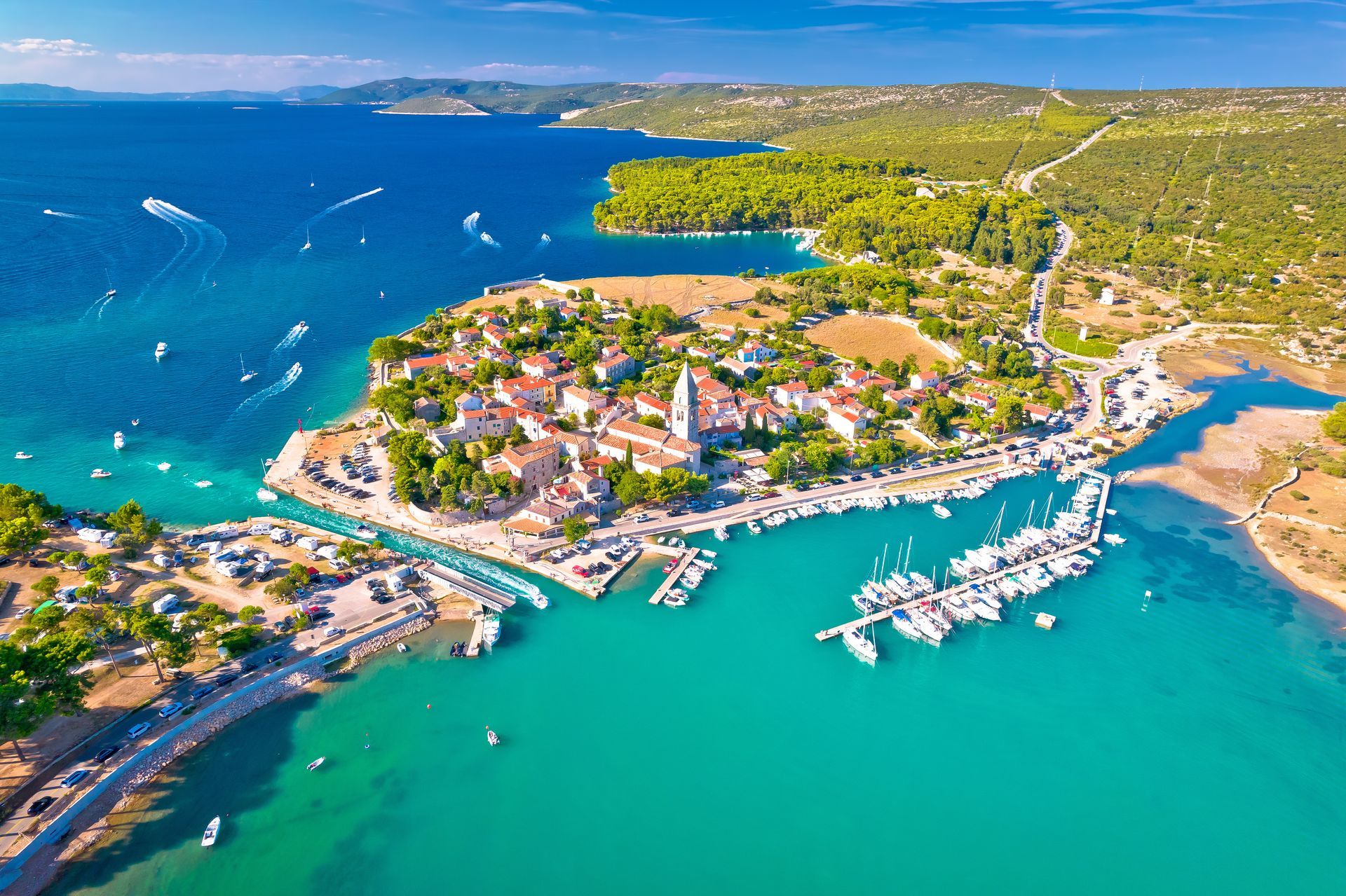 Town of Osor aerial view, bridge between Cres and Mali Losinj islands