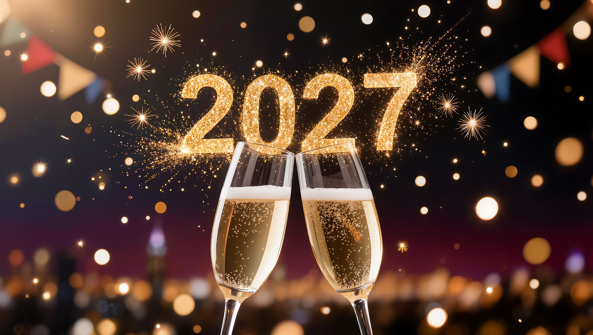 Two champagne glasses clinking in a toast to celebrate 2027. Sparkling gold number text on a bokeh light background. New Year eve party concept with festive atmosphere and celebration.