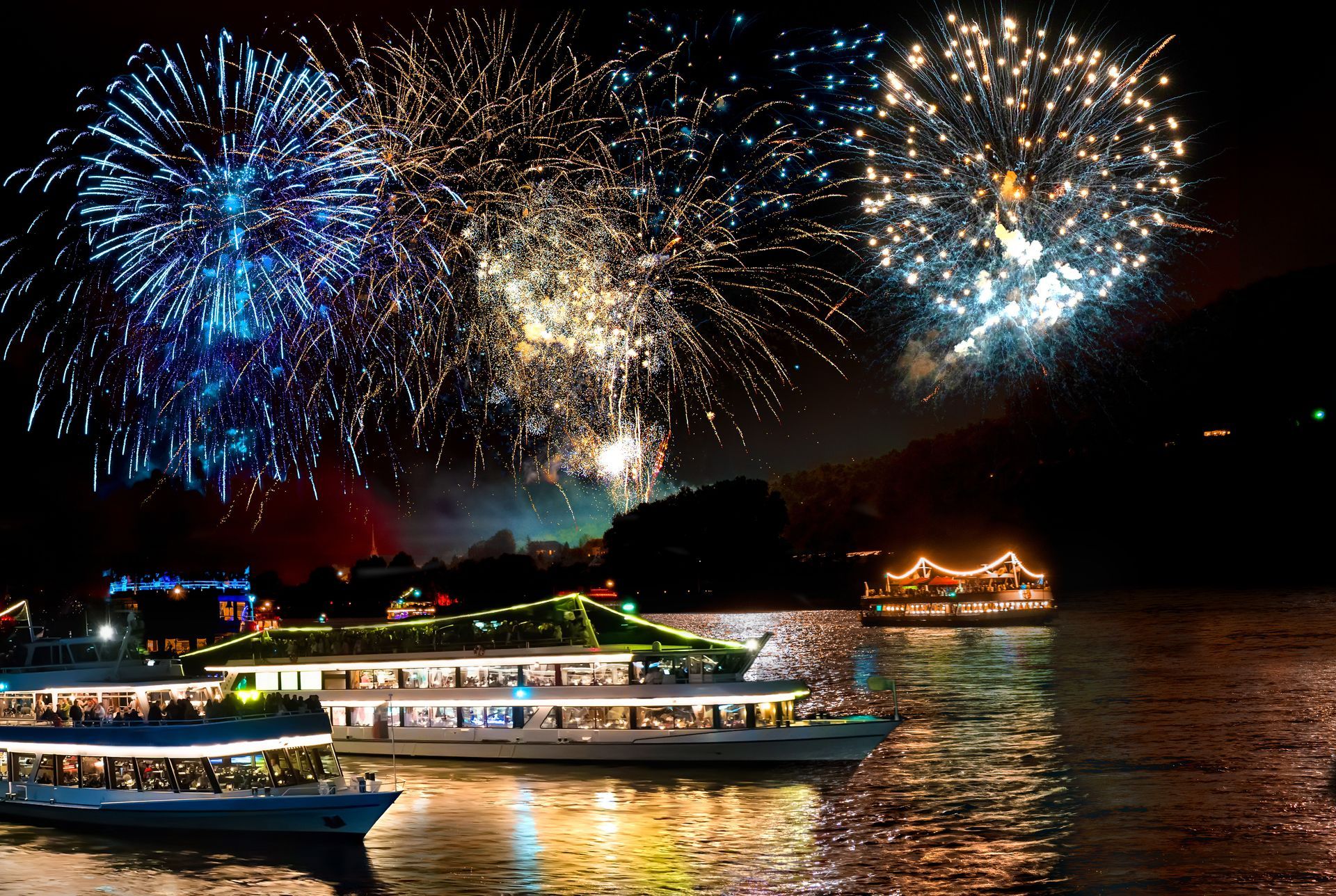 Firework over the rhine valley. Rhein in Flammen (Rhine in Flames) , traditional festival in Germany