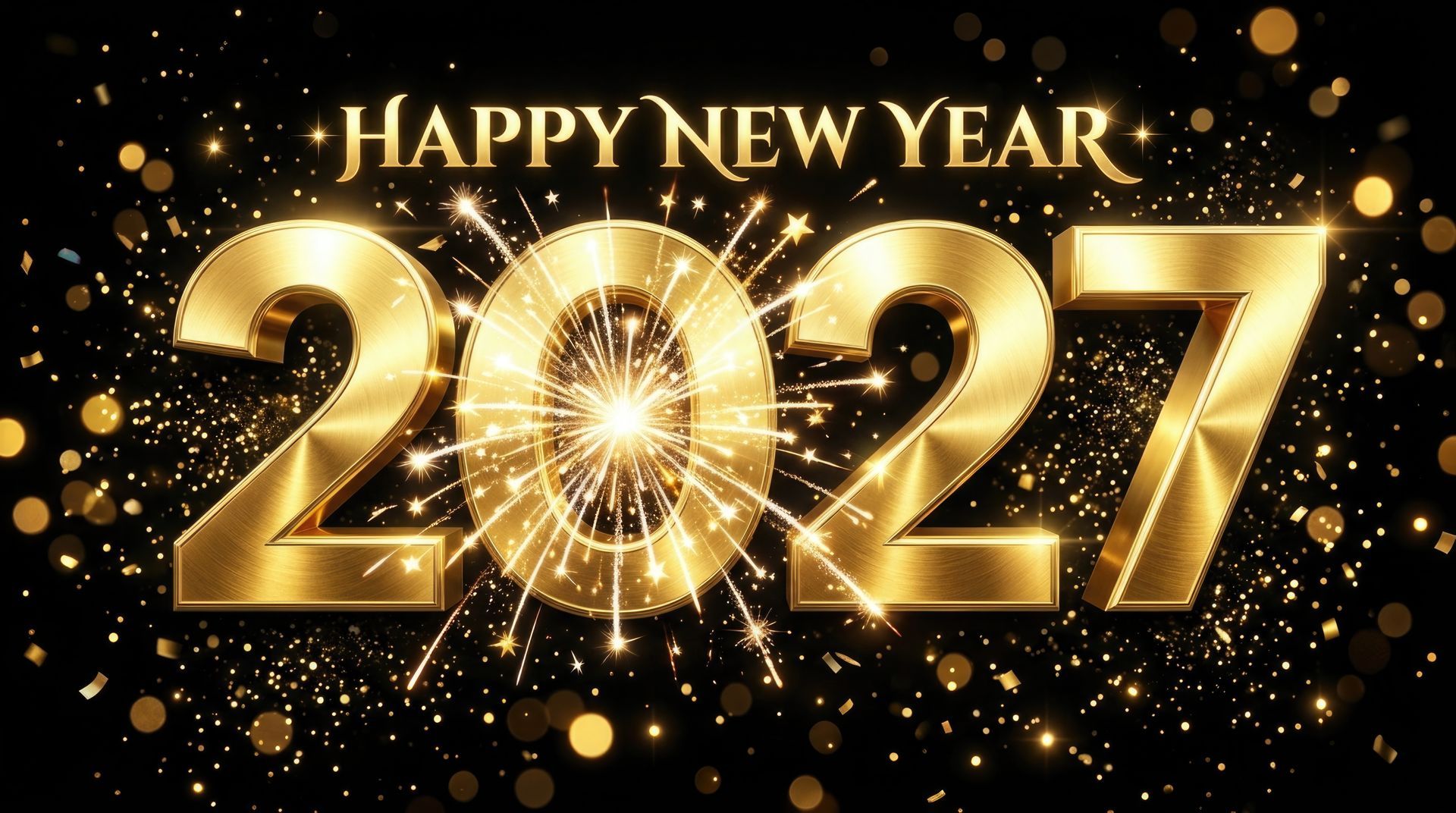 Golden new year 2027 celebration with fireworks and confetti
