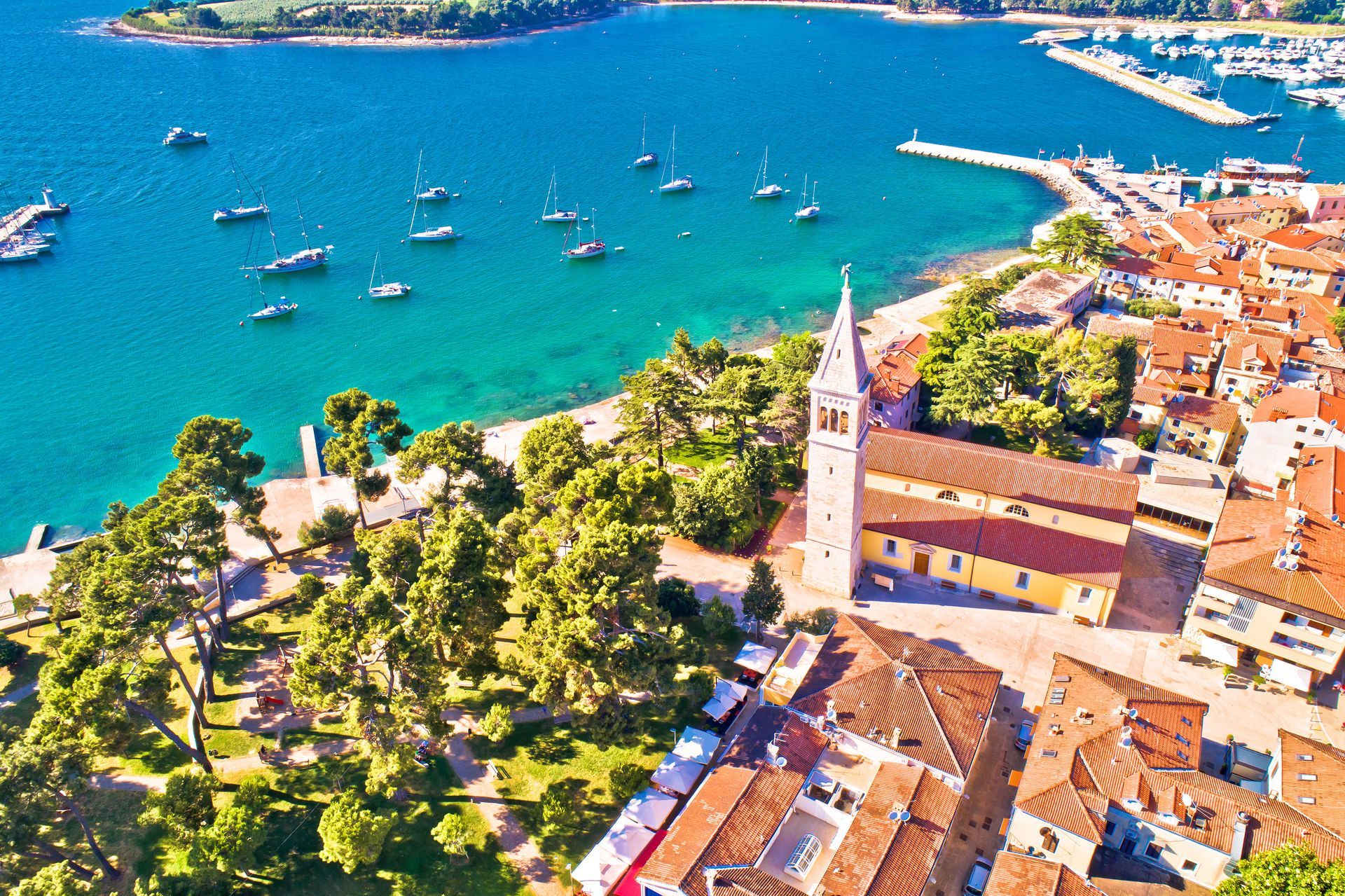 Town of Novigrad Istarski historic center architecture and sailing coastline view