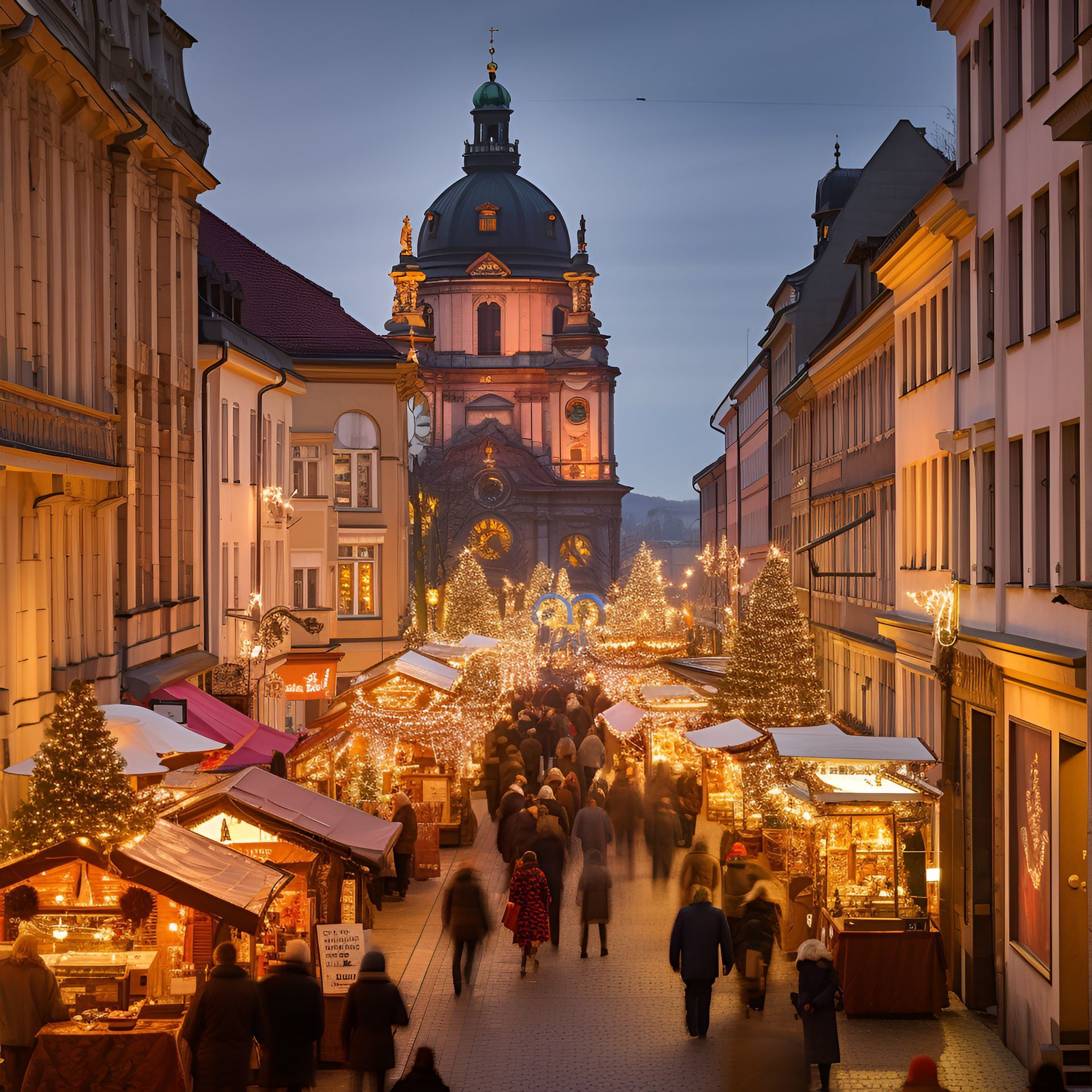 Dusk View of Christmas Market, Maria Chapel, and Falkenhaus in Oberer Markt, Wurzburg, Bavaria, Germany, Generative AI