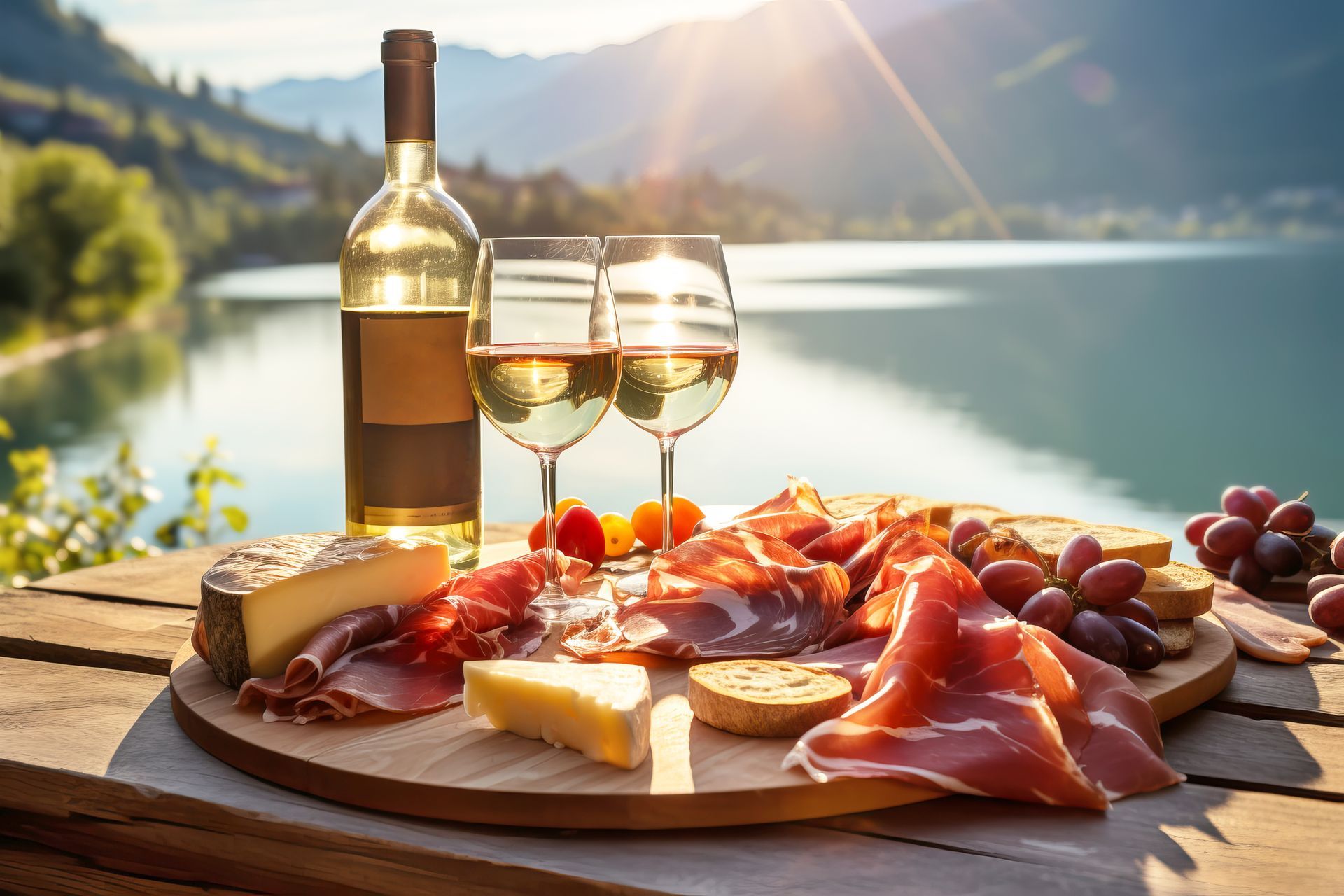 Italian appetizer prosciutto antipasti and and wine on a wooden terrace overlooking mountain lake. 