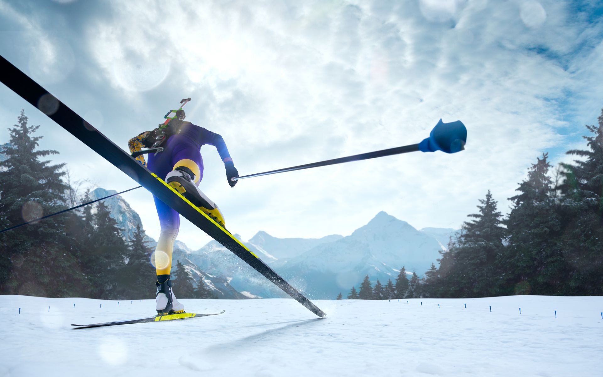 Biathlon. Skier biathlon champion. Winter Olympic sports.