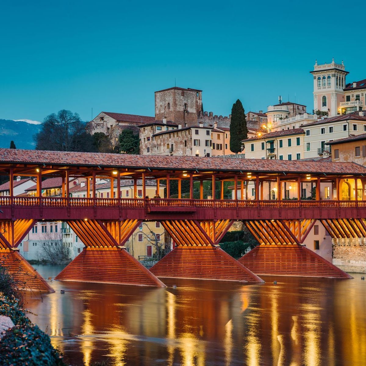 Bassano del Grappa, Italy - January 09, 2024: panorama of the Ponte degli Alpini in the evening